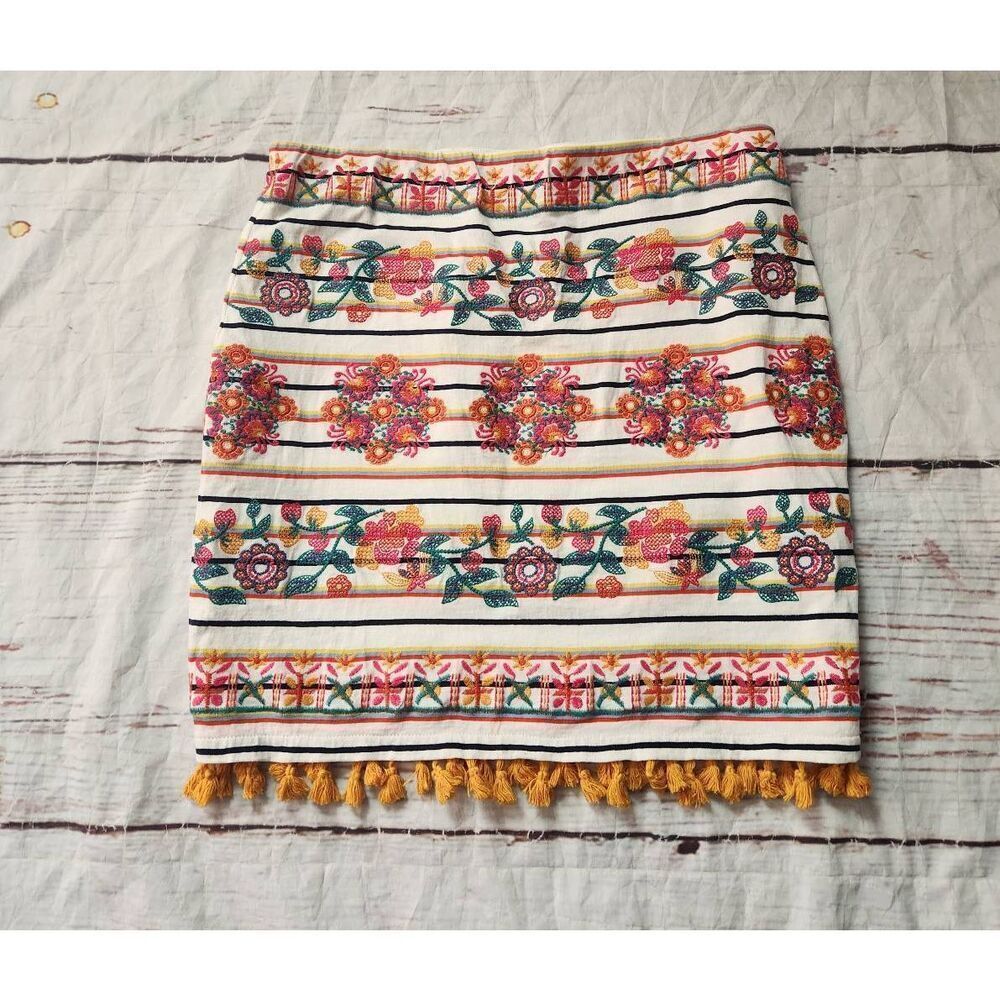 Anthropologie‎ THML Embroidered Tassel Skirt Size Large